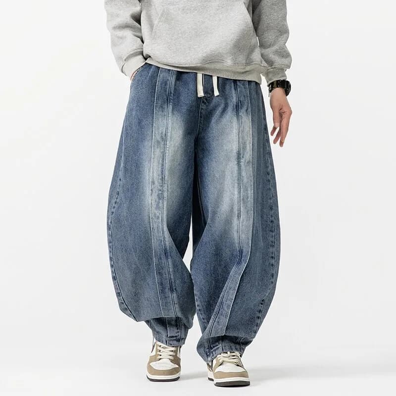 2025 New style harem vintage men's trousers wide hip-hop denim wide men's jeans straight oversize fashion pants in elastic waist