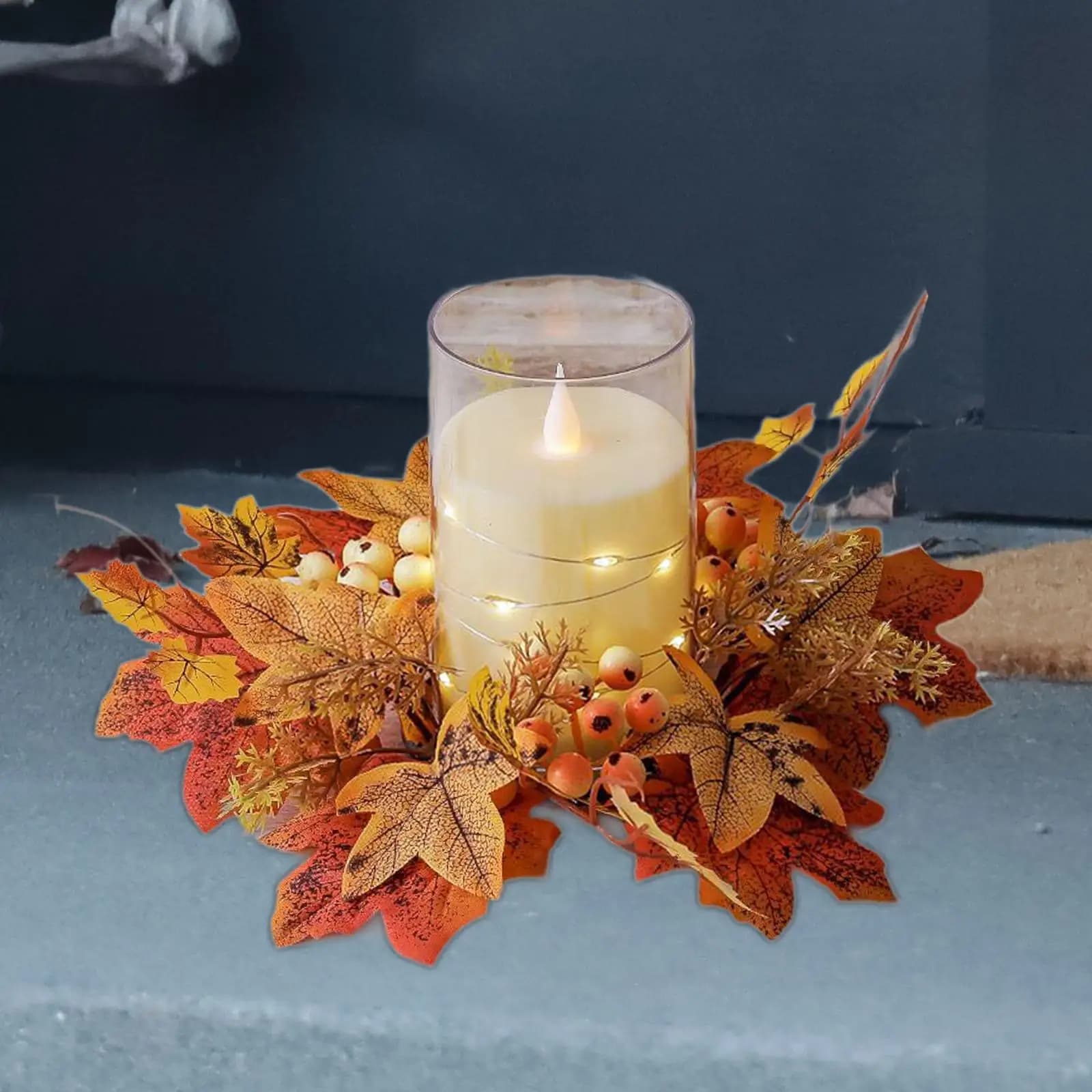 Anello per candela autunnale per pilastro Decorazione ghirlanda di candele artificiali Mini ghirlanda autunnale Portacandele autunnali rustico per bar, feste in casa