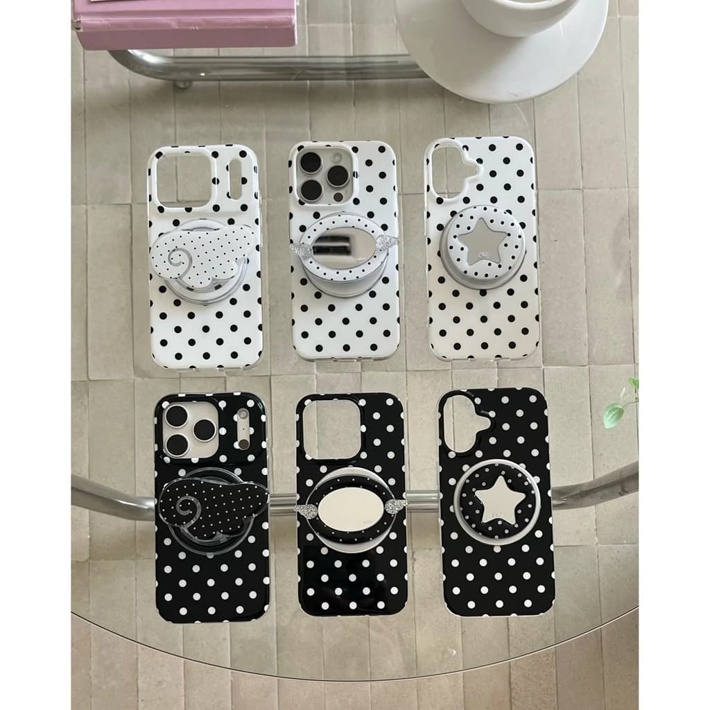 Classic Black White Polka Dot Stars Wings Mirror Magnetic Holder Wireless Charging Phone Cover Case for iPhone 17 16 15 Pro Max