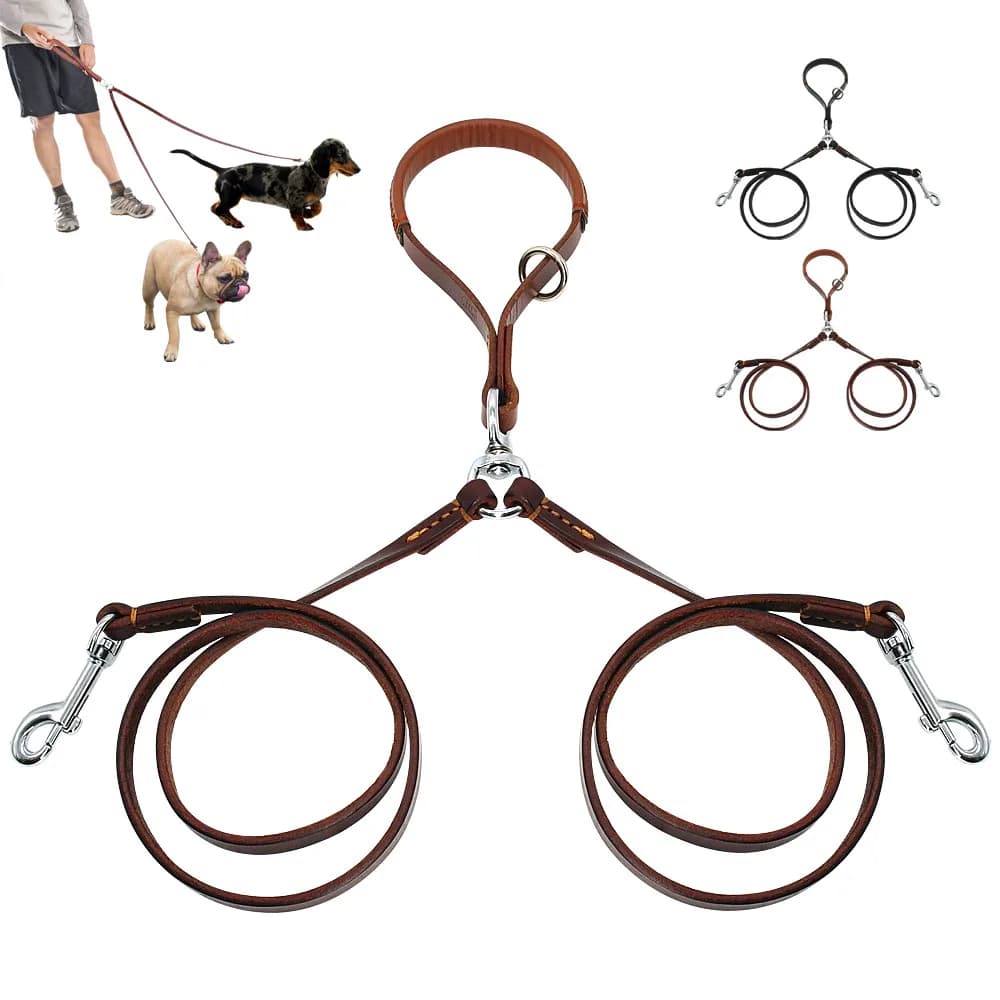 Guinzaglio doppio per cani Guinzaglio doppio per cani in vera pelle Guinzaglio girevole a 360 gradi per passeggiate e addestramento per due cani Manico morbido