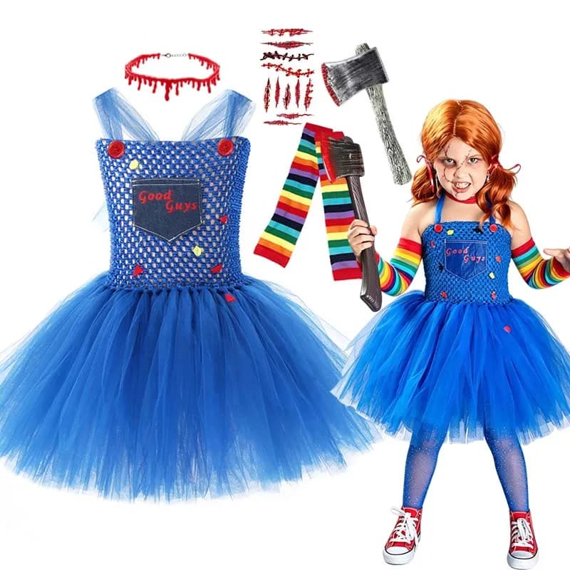 Girls Halloween Scary Doll Cosplay Costume Blue Tulle Tutu Dress With Socks Prop Accessories For Carnival Theme Party