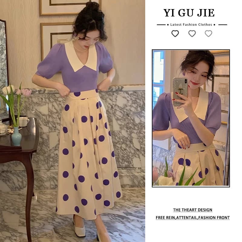 Top a maniche corte con maniche a palloncino stile Hebe e gonna a mezza lunghezza, completo estivo alla moda, set due pezzi dimagrante con pois viola