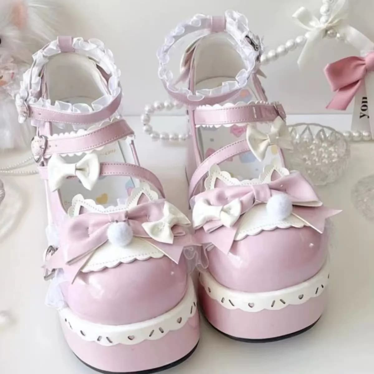 Graziose Scarpe Lolita con Fiocchi e Plateau per Ragazze, Scarpe Mary Jane Kawaii Alice con Lacci e Suola Rialzata