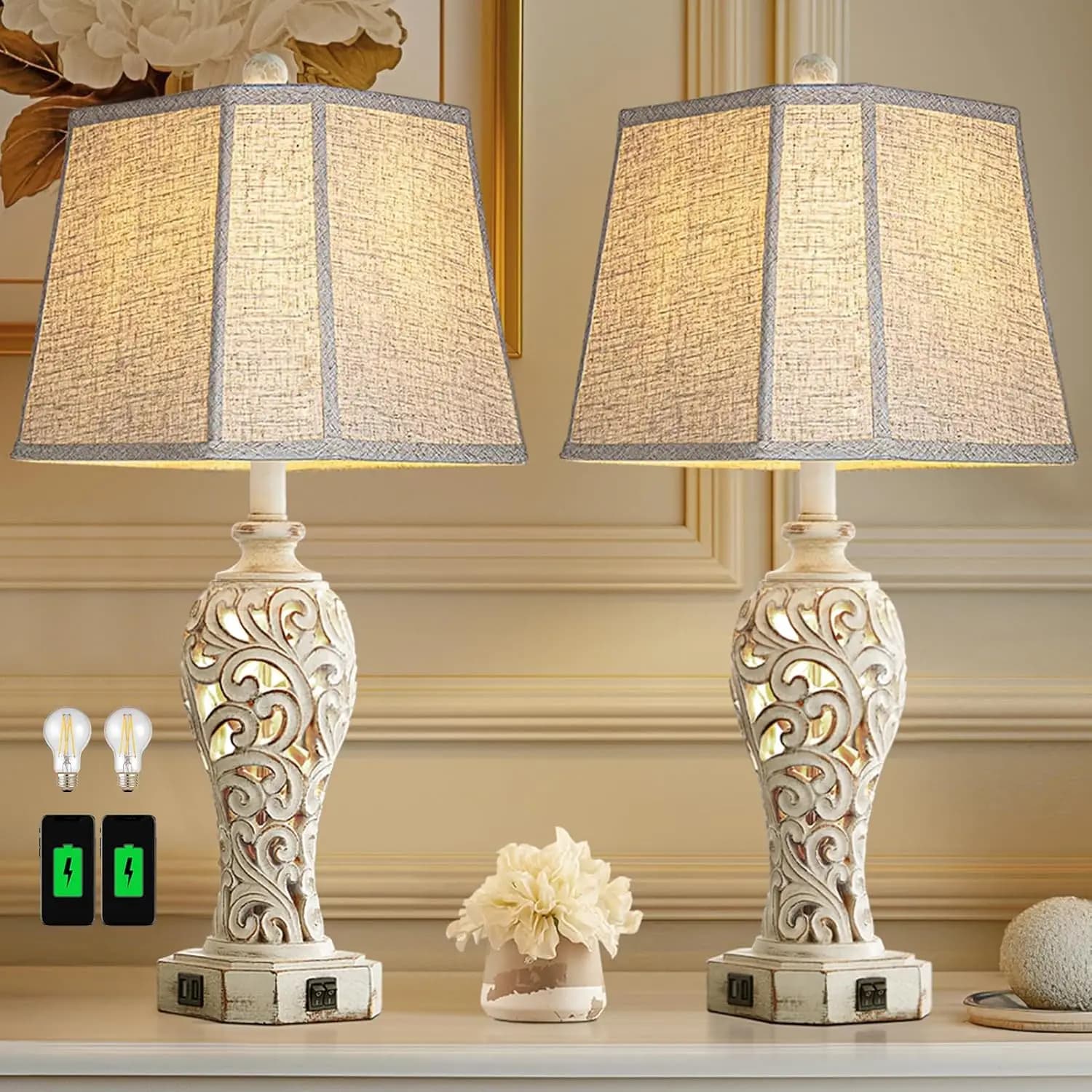 Set di 2 Lampade da Tavolo Rustiche con Porte USB e Luce Notturna, Stile Vintage Rustico per Soggiorno o Camera da Letto, Lampadine Incluse