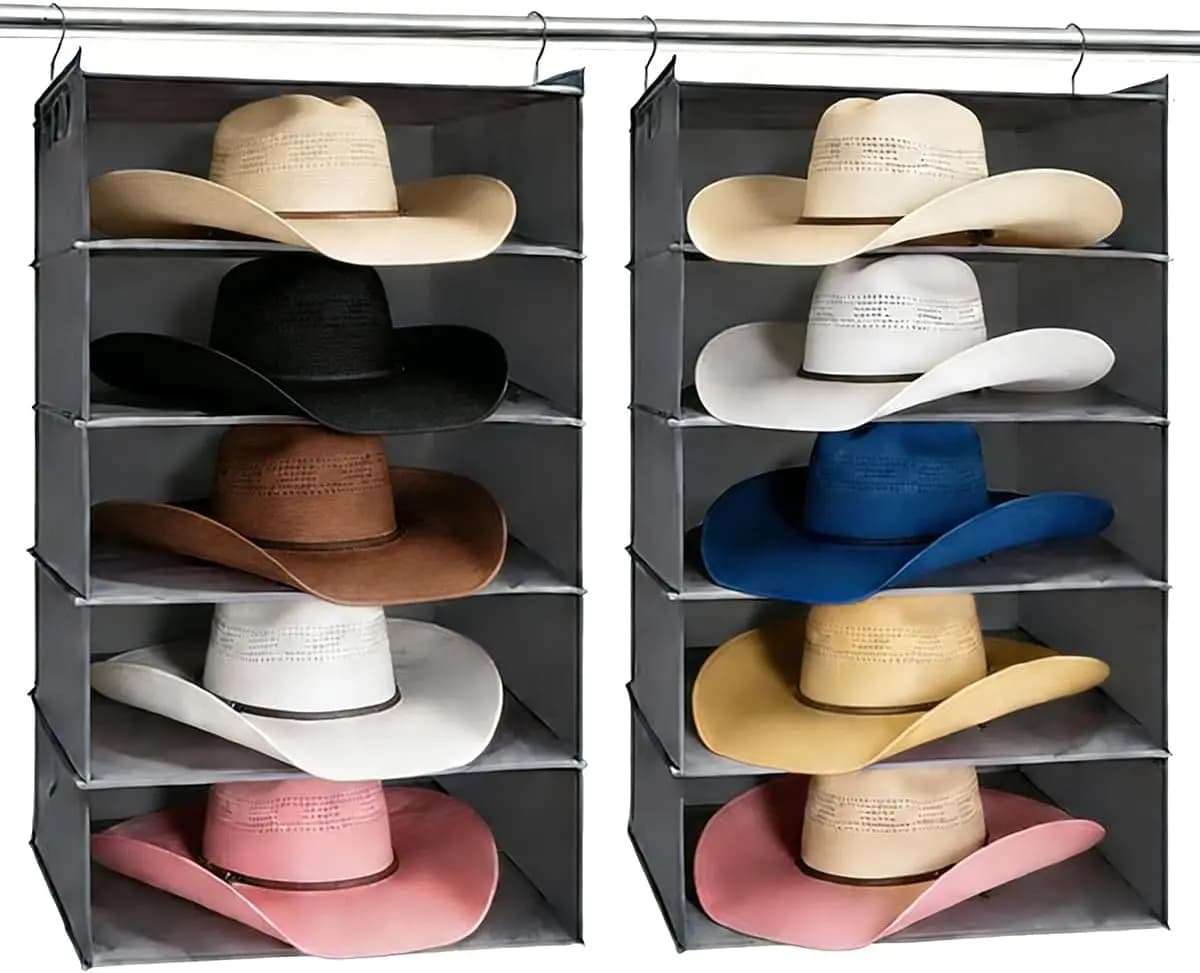Large Hat Storage Organizer for Closet, 10-Shelf Hanging Rack for Wide Brim Hats, Space Saving Solution