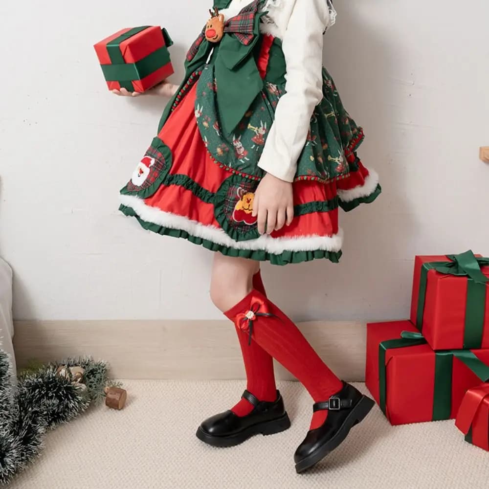 Comfortable Middle Tube New Year Red Socks Green Thicken Bow Hosiery for Princess Sweet Sleeping Socks For Girls