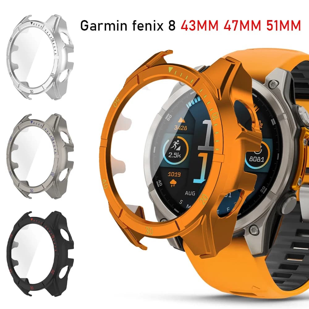 Custodia per Garmin Fenix 8 con Protezione Schermo 43MM 47MM 51MM, Bumper in PC con Scala e Vetro Temperato a Copertura Totale, Protezione per Orologio Fenix 8