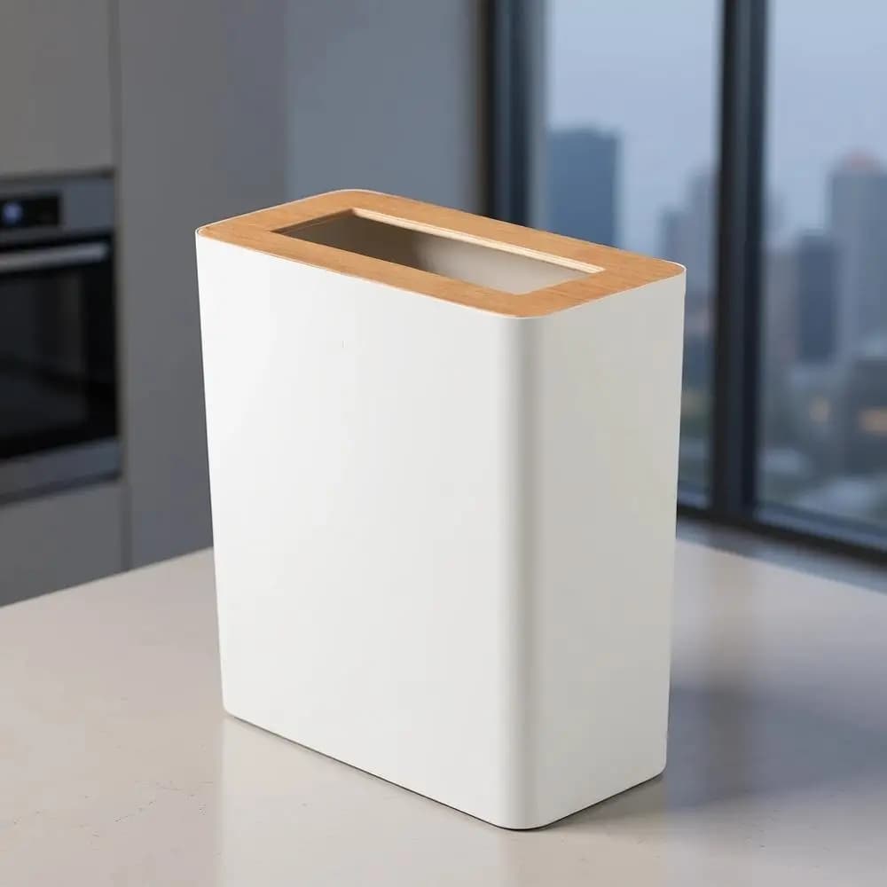 Cestino per Rifiuti Compatto per Casa, Cucina e Bagno - Combinazione Acciaio e Legno