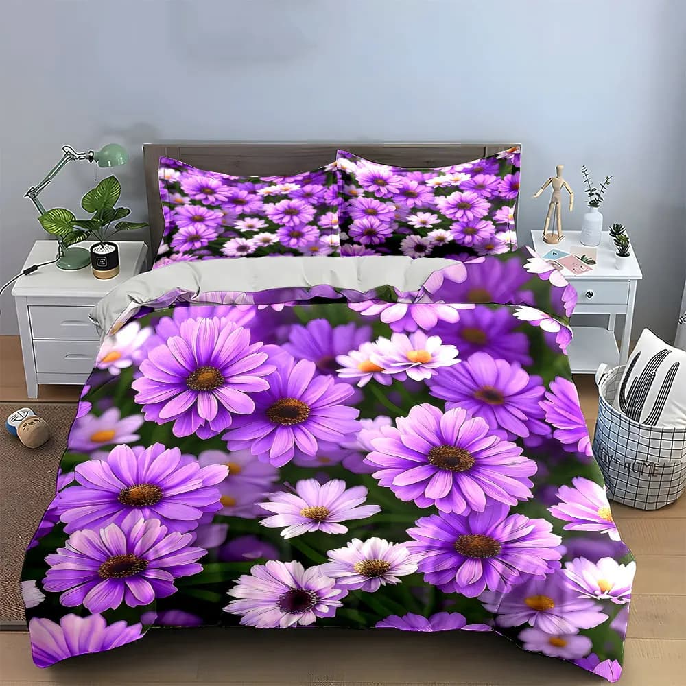 Set di biancheria da letto con decorazioni floreali viola, con 1 copripiumino e 2 federe, singolo, matrimoniale, king, queen, regalo