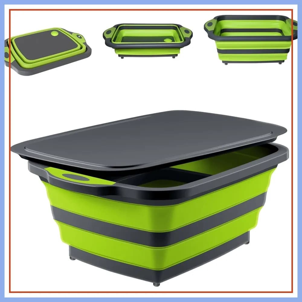 Vasca Pieghevole 3-IN-1 per Preparazione BBQ con Coperchio, Lavello da Campeggio Richiudibile con Scolapasta, Tagliere Senza BPA per Picnic e Viaggi