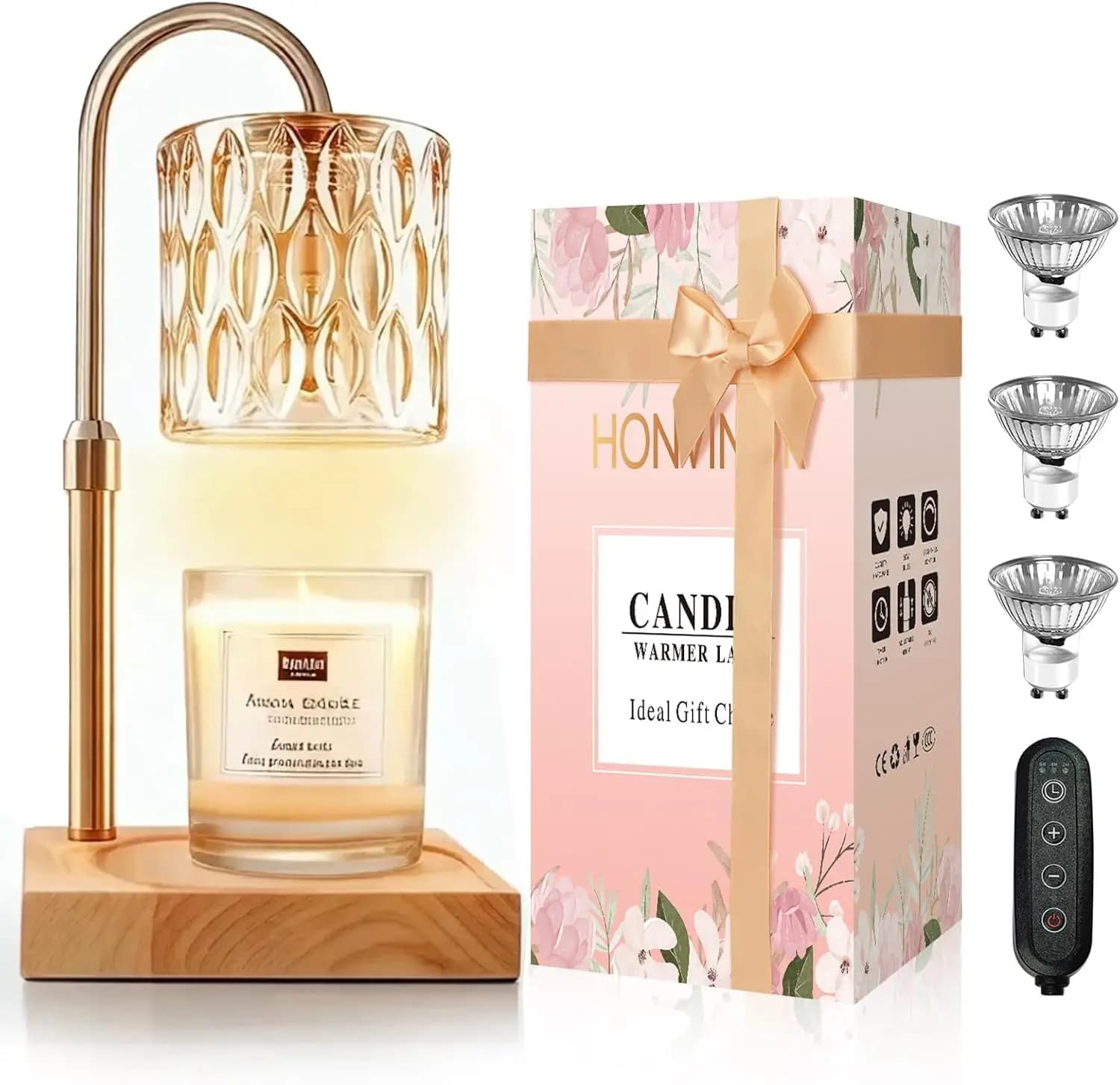 Adjustable Scaldacandele Lamp with Timer and Dimmer, 3 Lamps Included for Candles Perfumed in Safety Jar