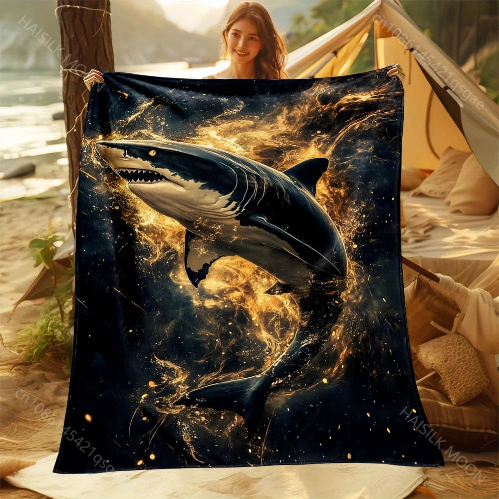 1PC Shark con stampa di un squalo con sfondo infuocato, coperte calde per adulti e bambini, per casa, viaggi, auto, morbide e confortevoli, adatte a tutte le stagioni