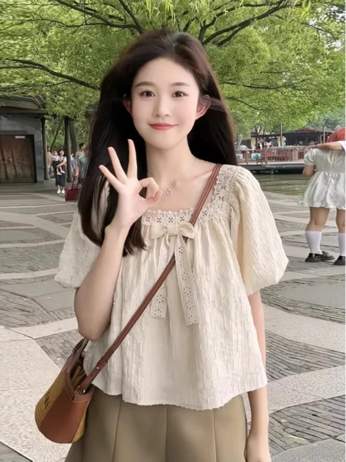 Camicia in chiffon a maniche a sbuffo con scollo quadrato, stile dolce, da donna, nuova collezione estiva, taglie forti, che copre la pancia, modello babydoll.