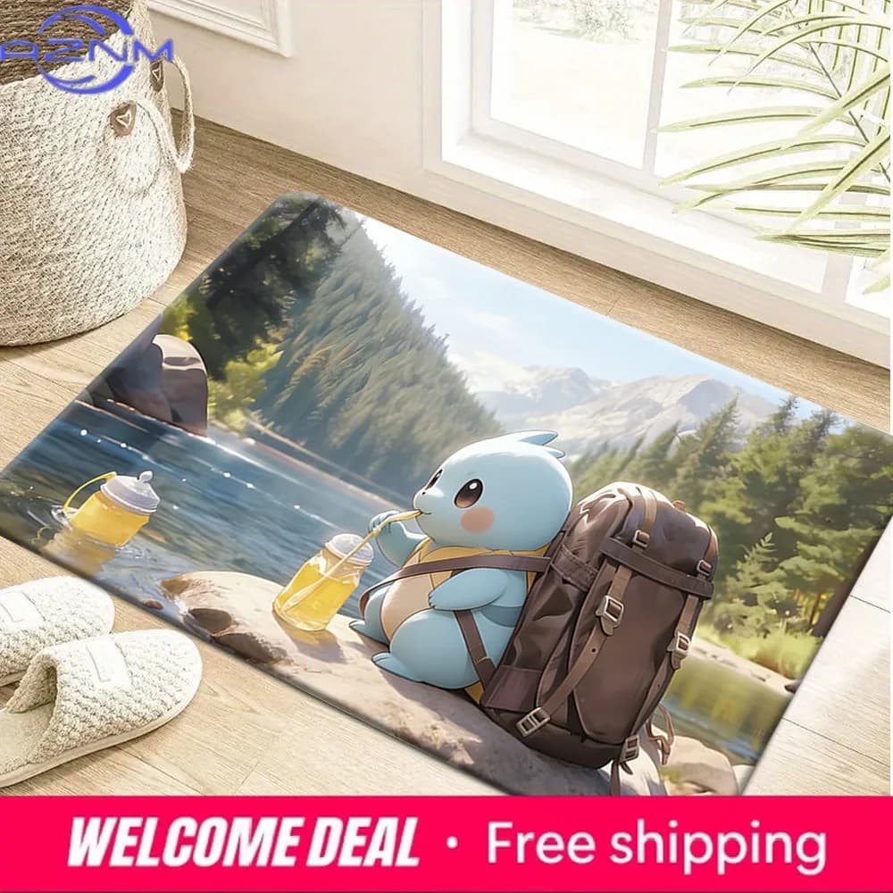 Simpatico tappetino con stampa di Squirtle che beve succo sul lago, tappetino antiscivolo e assorbente per l'ingresso di casa, la camera da letto, l'arredamento del soggiorno