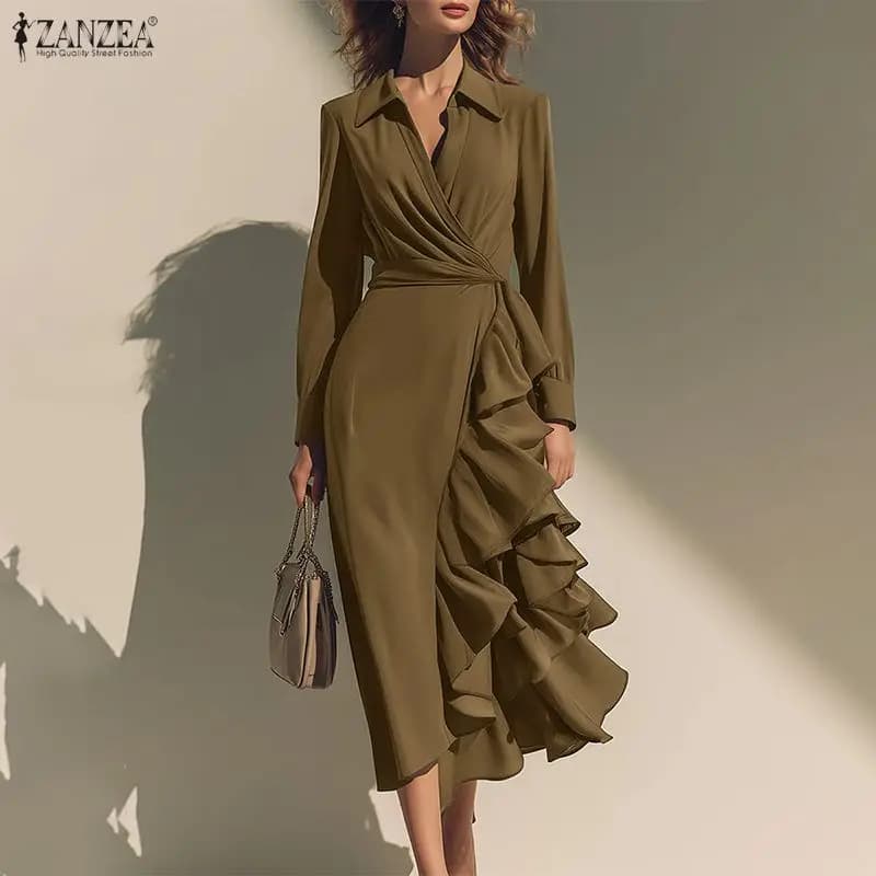 2026 ZANZEA Abiti alla Moda da Donna Eleganti a Maniche Lunghe con Volant Midi Vestito Estivo Casual Tinta Unita per Feste Streetwear Vestidos Robe