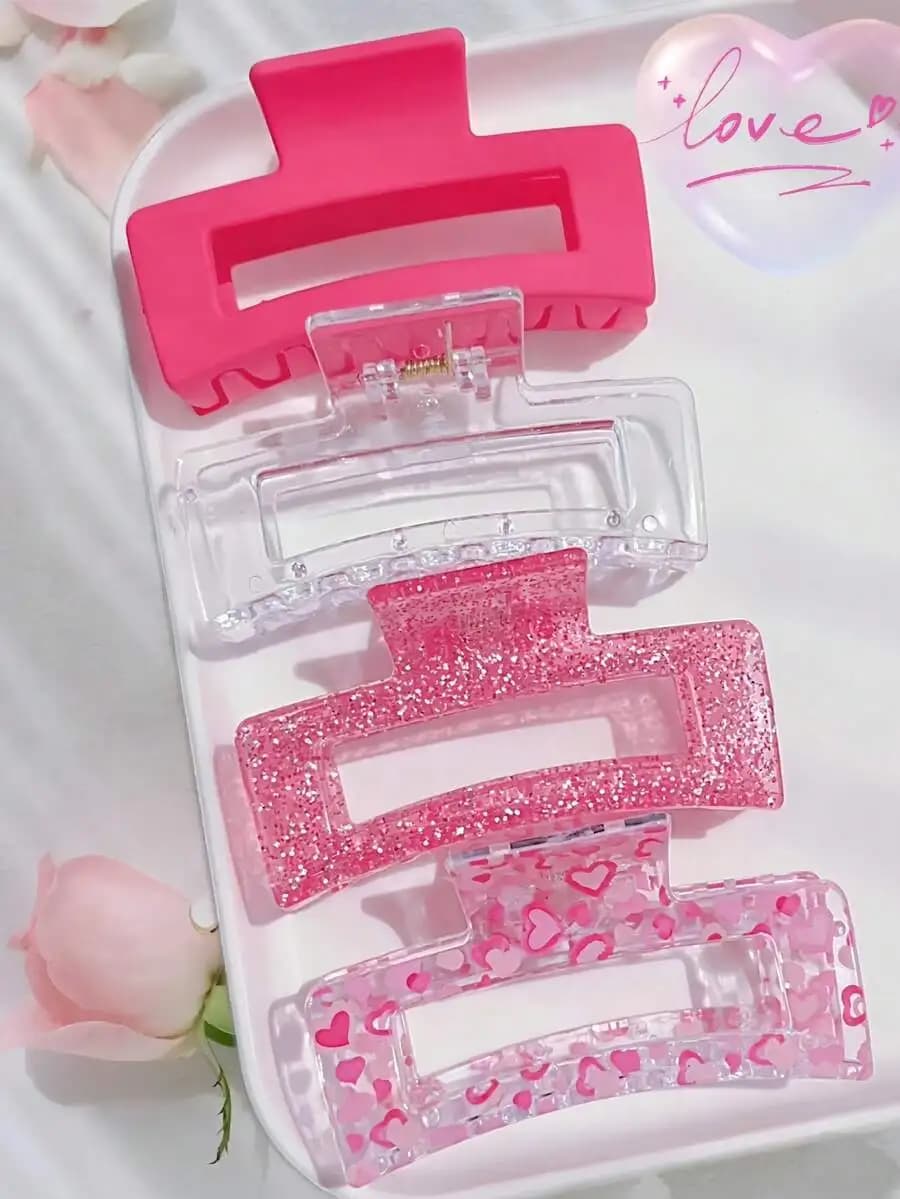 Set di 4 fermagli per capelli a forma di cuore con glitter rosa per donna