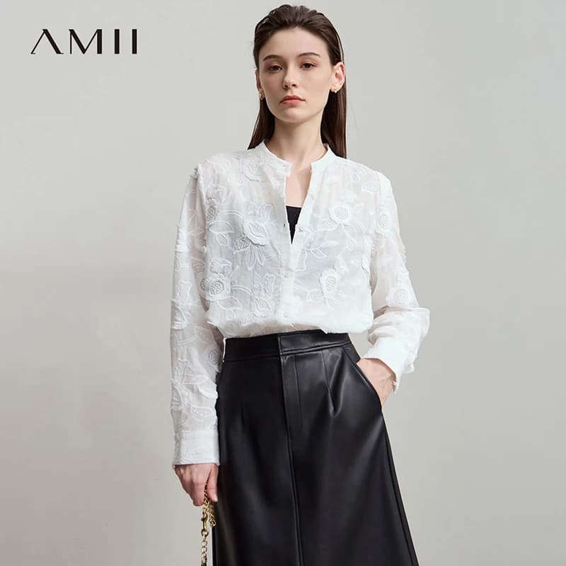 AMII 2025 Autunno Nuovo Elegante Ricamo Camicia da donna Colletto alla coreana Spalla larga Office Lady Camicette larghe Donna Top 12543066