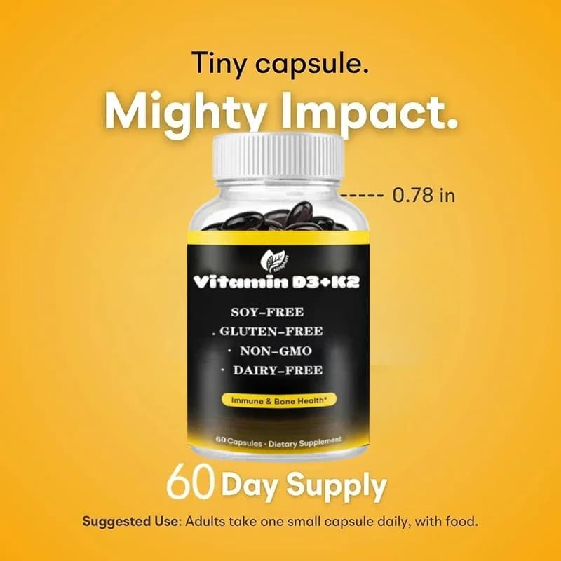 60 capsule vitamin supplement with 5000 IU D3 100 K2 MK-7 micrograms for non-GMO bone heart immune support