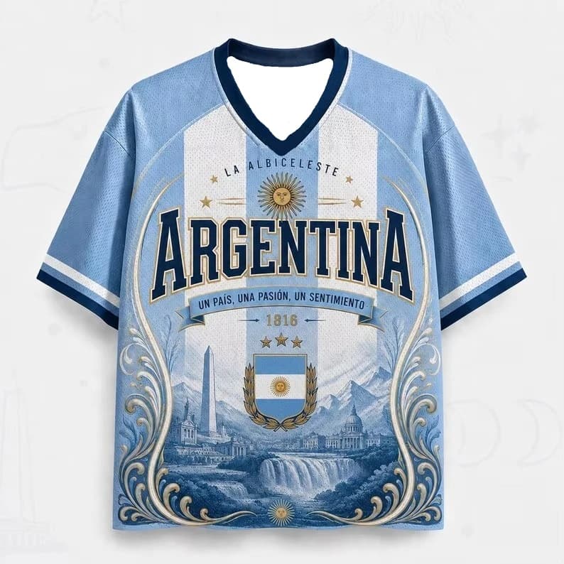 2026 3D Print Argentina Sun Of May Iguazu Falls Obelisk National Flag No.10 Retro V Neck Albiceleste Football Fan Sports T-Shirt