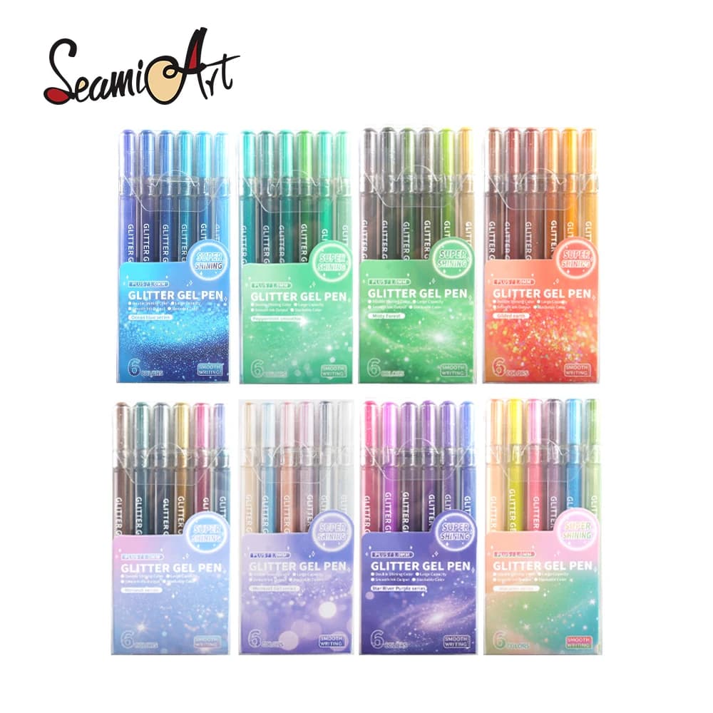 SeamiArt Set di 6 Penne Gel Glitterate con Punta a Proiettile da 1mm, Grande Capacità per Studenti, Forniture Scolastiche e Cancelleria