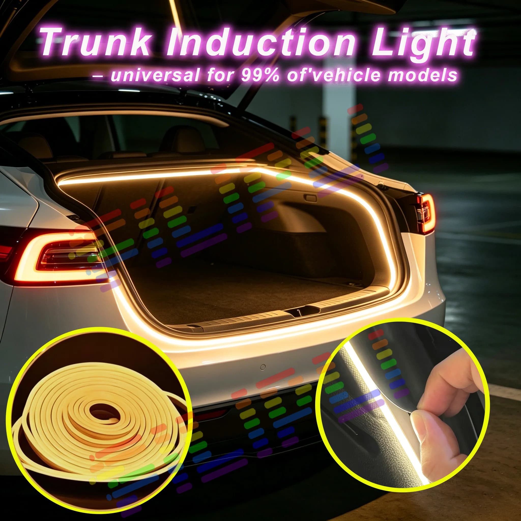 Strisce luminose ambientali per bagagliaio auto, per SUV, in PVC flessibile, a LED automatici, installazione non distruttiva, tipo universale.