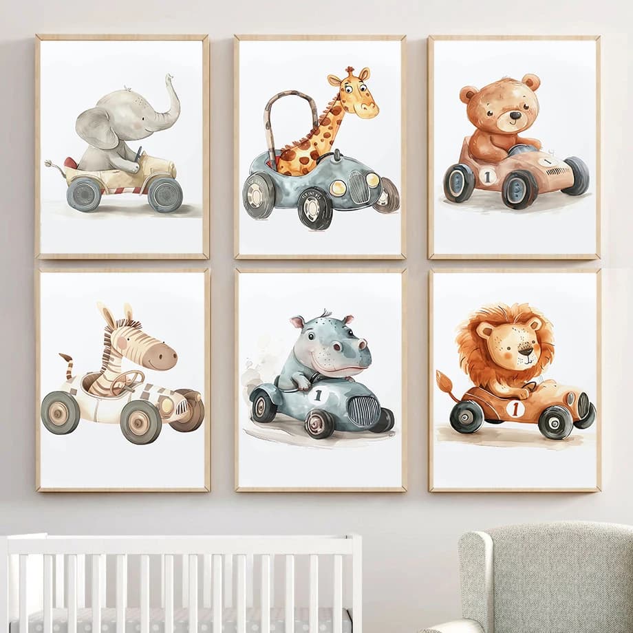 Watercolor Elephant Giraffe Lion Zebra Bear in Car Animal Poster Canvas Painting Print Nursery Wall Art Kids Room Home Decor
