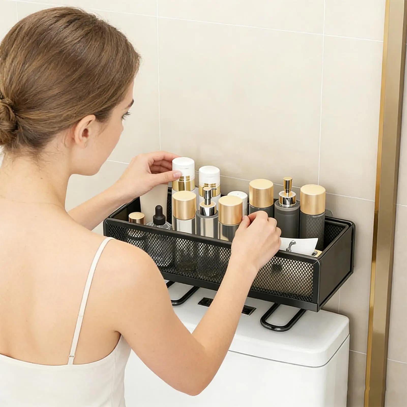 Scaffale sopra il WC, portaoggetti da bagno a 1 livello, organizer multifunzione con porta carta e cestino, senza foratura, salvaspazio