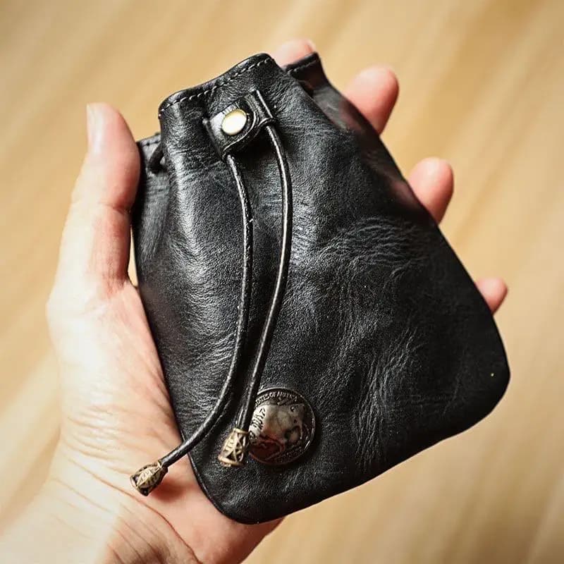 Portamonete in Vera Pelle con Cordoncino, Mini Portafoglio Unisex, Regalo per San Valentino
