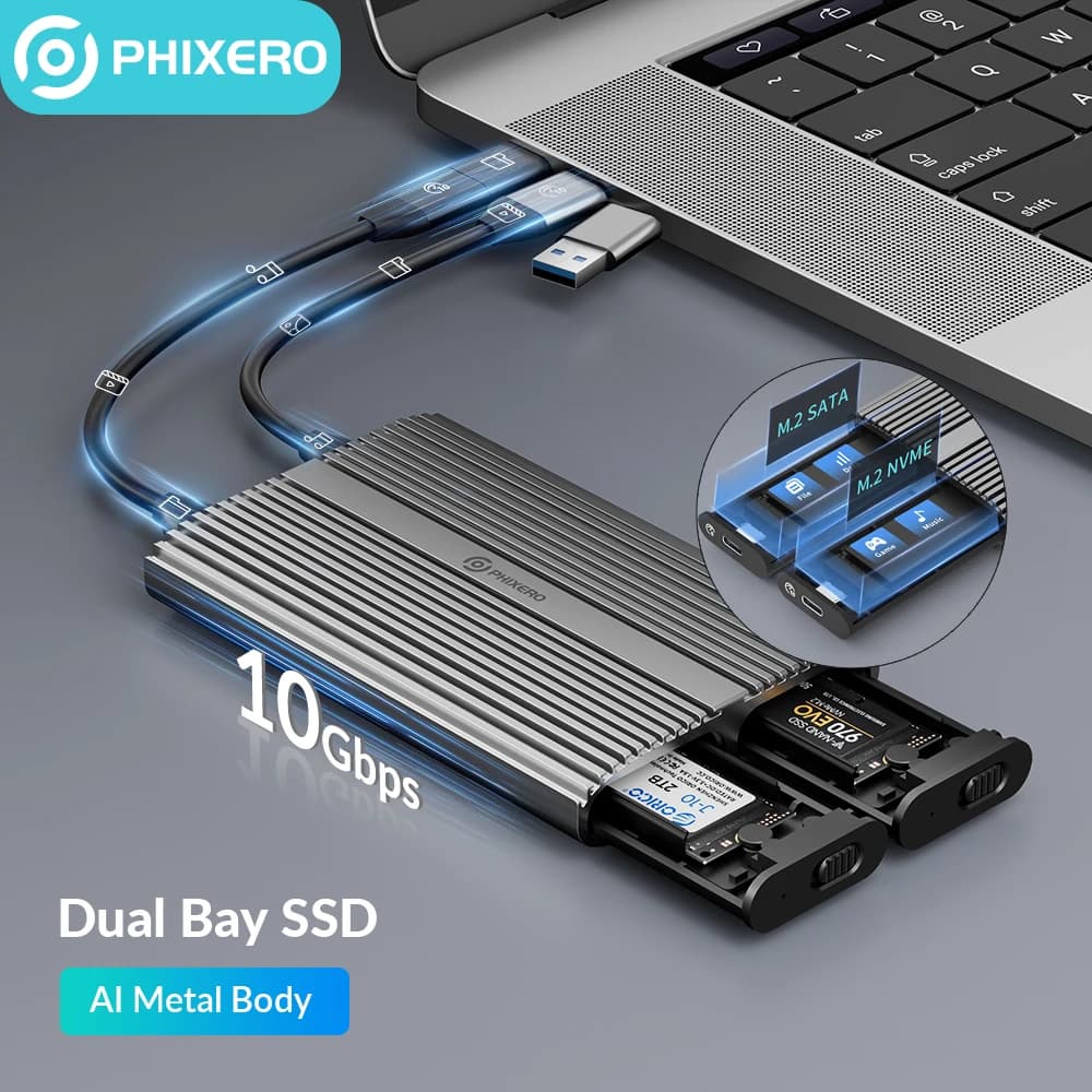 PHIXERO Dual protocs M2 SATA NVMe SSD Case USB A 3.0 tipo C esterno HD Hard Disk Enclosure Dual Bay M.2 Storage Box