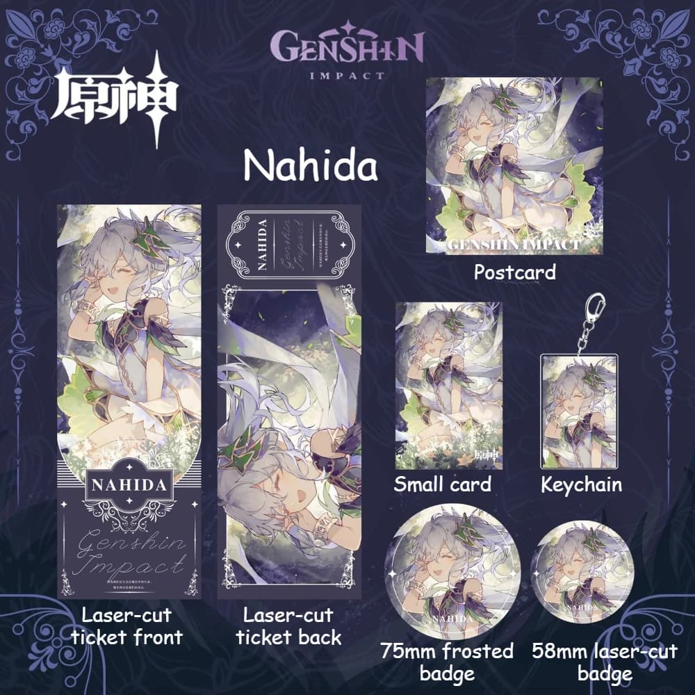 Genshin Impact Anime Merch Six-piece Set Nahida Backpacks Clothe Keys Accessories Laser Ticket Postcard Gift for Fan Collectible