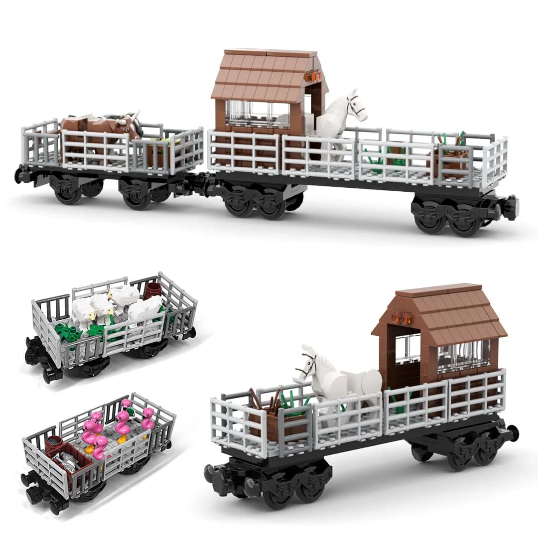 MOC Treno Veicolo da trasporto per animali Building Block Treno modulare Telaio Set Pecora Cavallo Mucca Maiale Camion Giocattoli fai da te per ragazzi