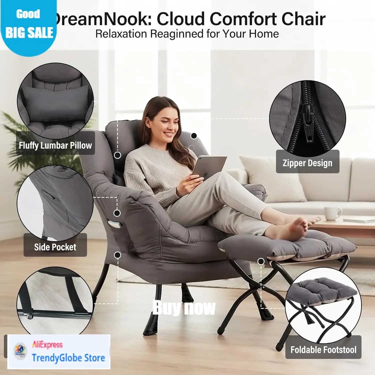 Poltrona Relax Bestseller con Poggiapiedi, Sedia Moderna con Cuscino Lombare, Comoda Poltrona con Poggiapiedi Pieghevole per B