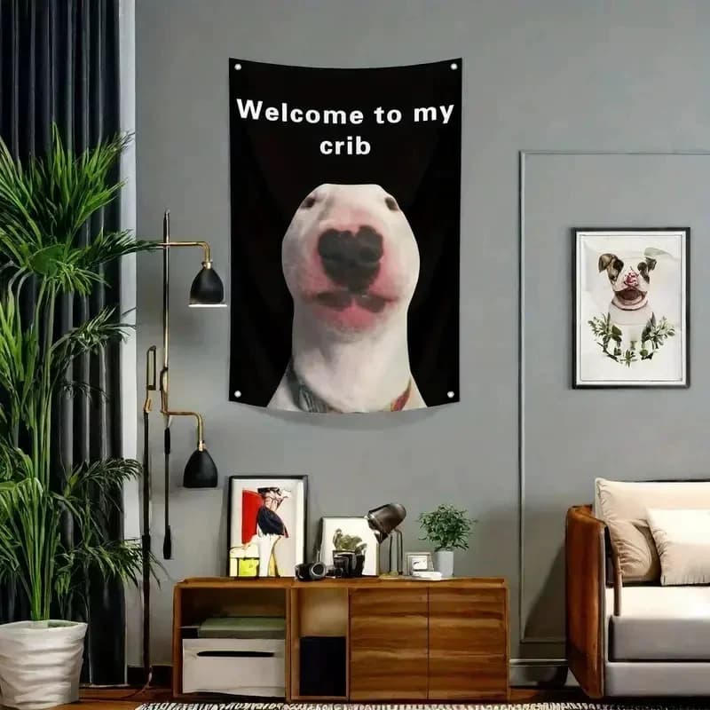 "Welcome To My Crib" Bull Terrier Meme Tapestry Funny Dog Wall Hanging Polyester Humor Decor for Bedroom Dorm