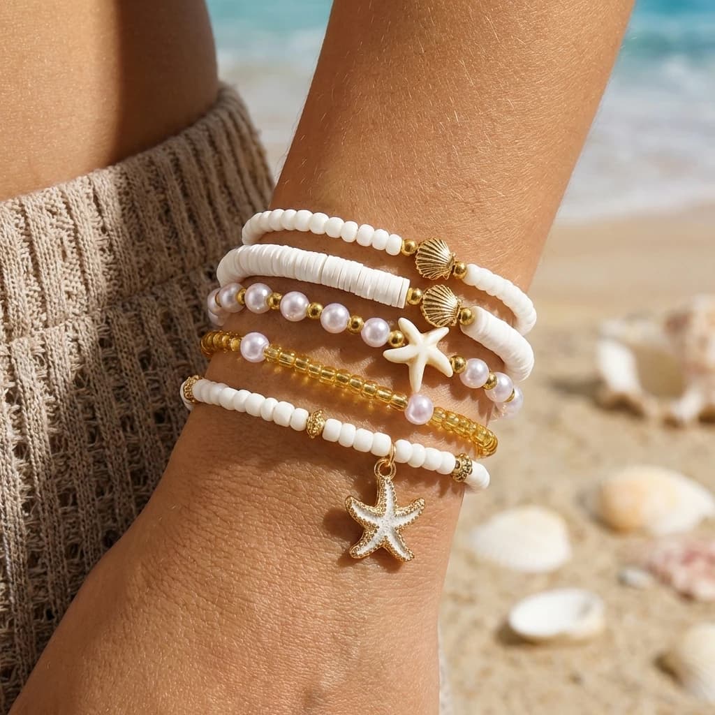 Set di 5 Braccialetti Elastici Boho con Stelle Marine e Conchiglie per Donne, Bracciale Impilabile con Perle Imitate e Perline Heishi, Gioielli da Spiaggia, Regalo