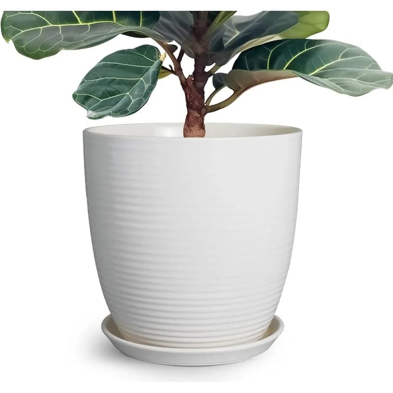 12 inch ceramic flower pot, large flowerpot with drainage hole and round flower pot with saucer for indoor and outdoor plants, white