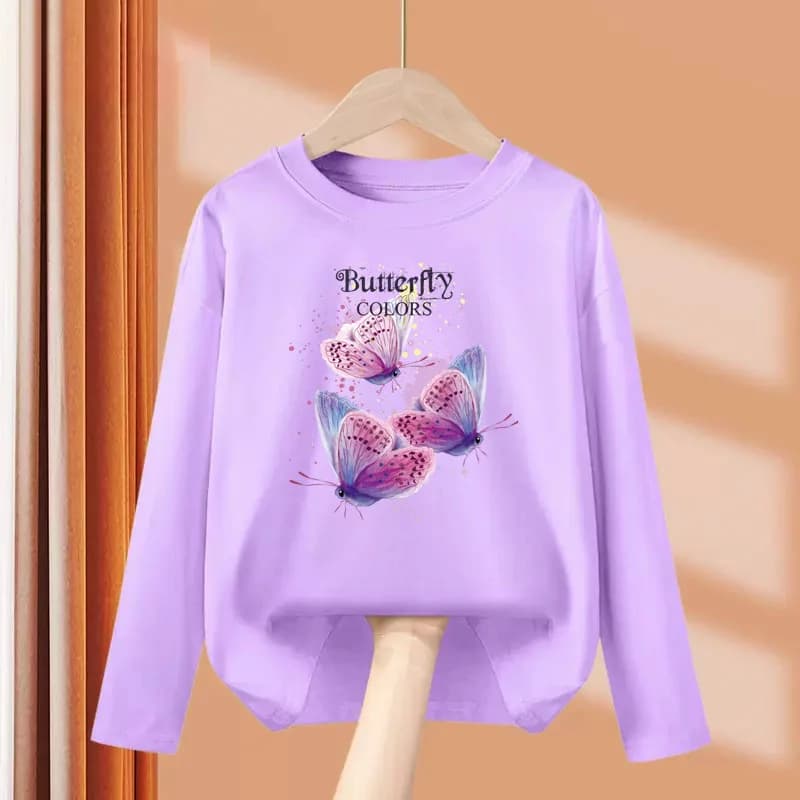 Nuovi vestiti autunnali per ragazze T-shirt con grafica a farfalla 3-14 anni Kid Top in cotone a maniche lunghe T-shirt di marca di moda
