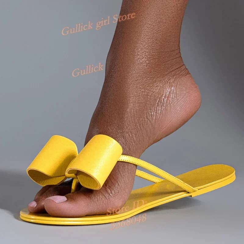 Yellow Knot Flat With Flip Flop Slippers Solid Leather Runway 2026 Summer Women Dress Shoes Handmade New Arrivals Dress Shoes