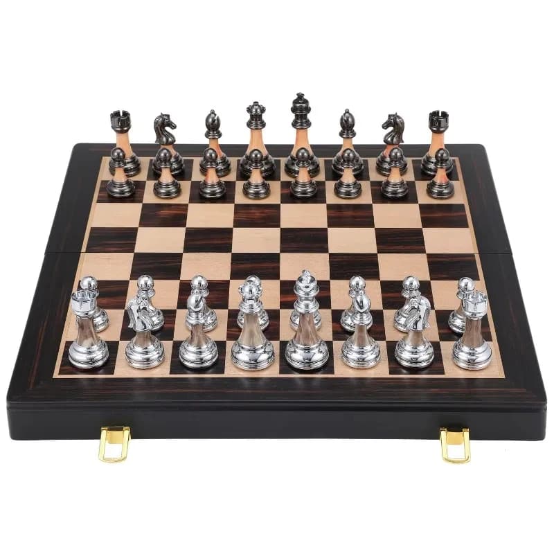 Chess Set Metal Silver Black Wooden Board Box Weighted Pieces Set