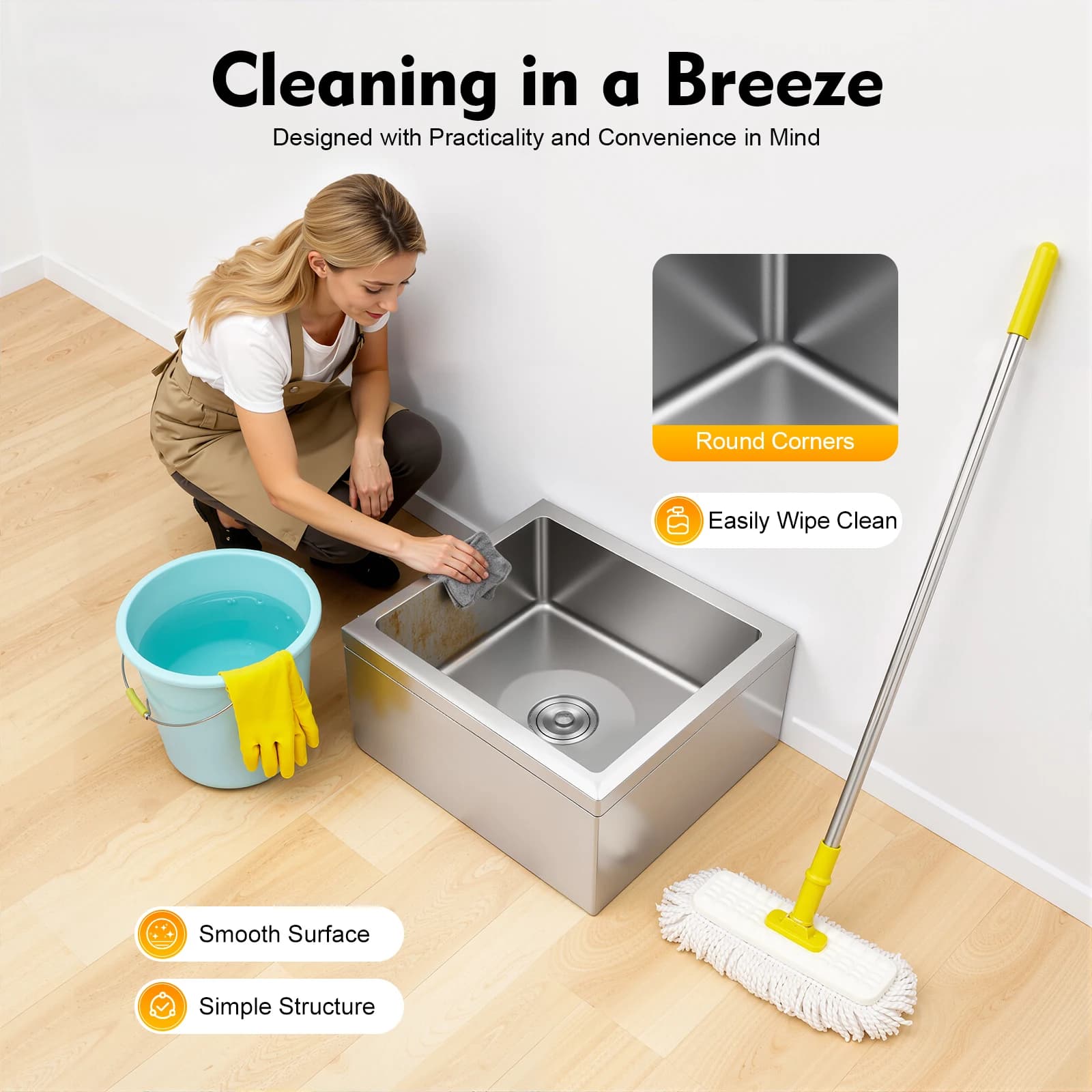 Stainless Steel Floor Mop Sink Basin 304 Laundry Utility Tubs with Drain Basket Heavy Duty Large Deep Cleaning Station for Kitchen Restaurant Garage Home Use