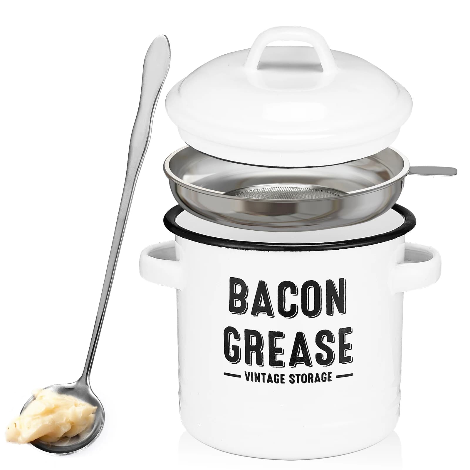 Contenitore per grasso per pancetta con filtro - Grande contenitore rosso per olio da cucina da 46 once, contenitore per alimenti con coperchio | Vaso da fattoria bianco