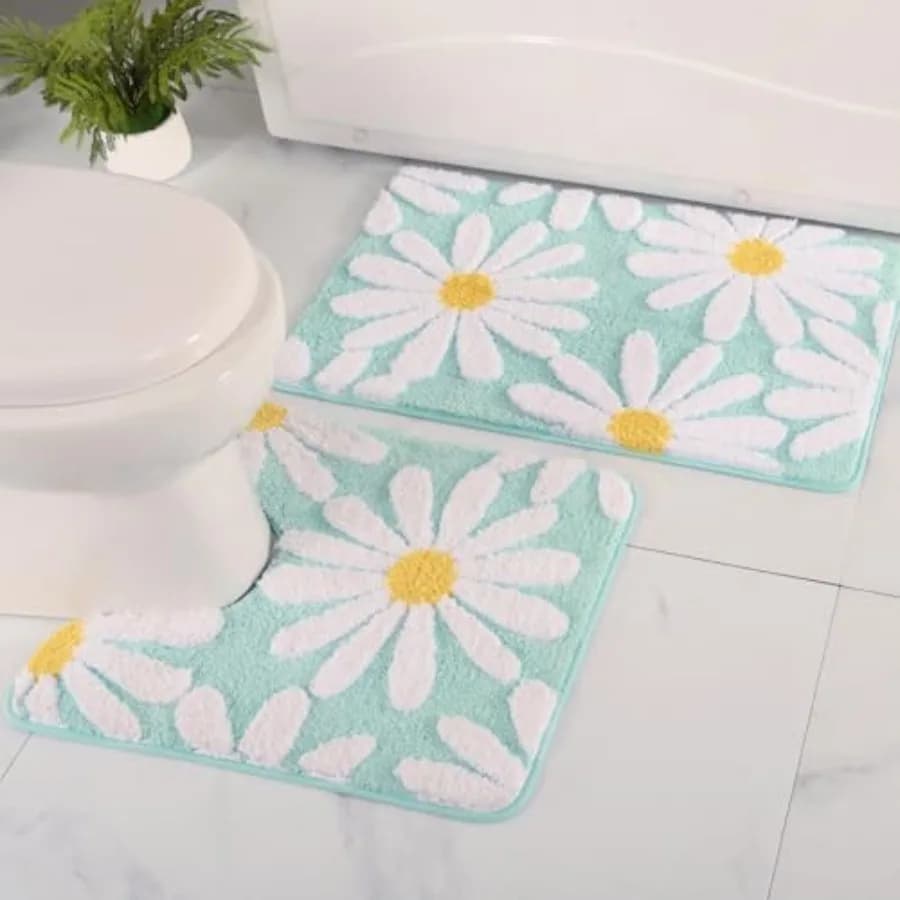 Set Tappeti da Bagno 2 Pezzi, Simpatico Tappeto a Forma di Margherita, Tappetino WC a Forma di U, Set Decorativo Floreale per Bagno, Tappetino Sagomato Antiscivolo Super Assorbente