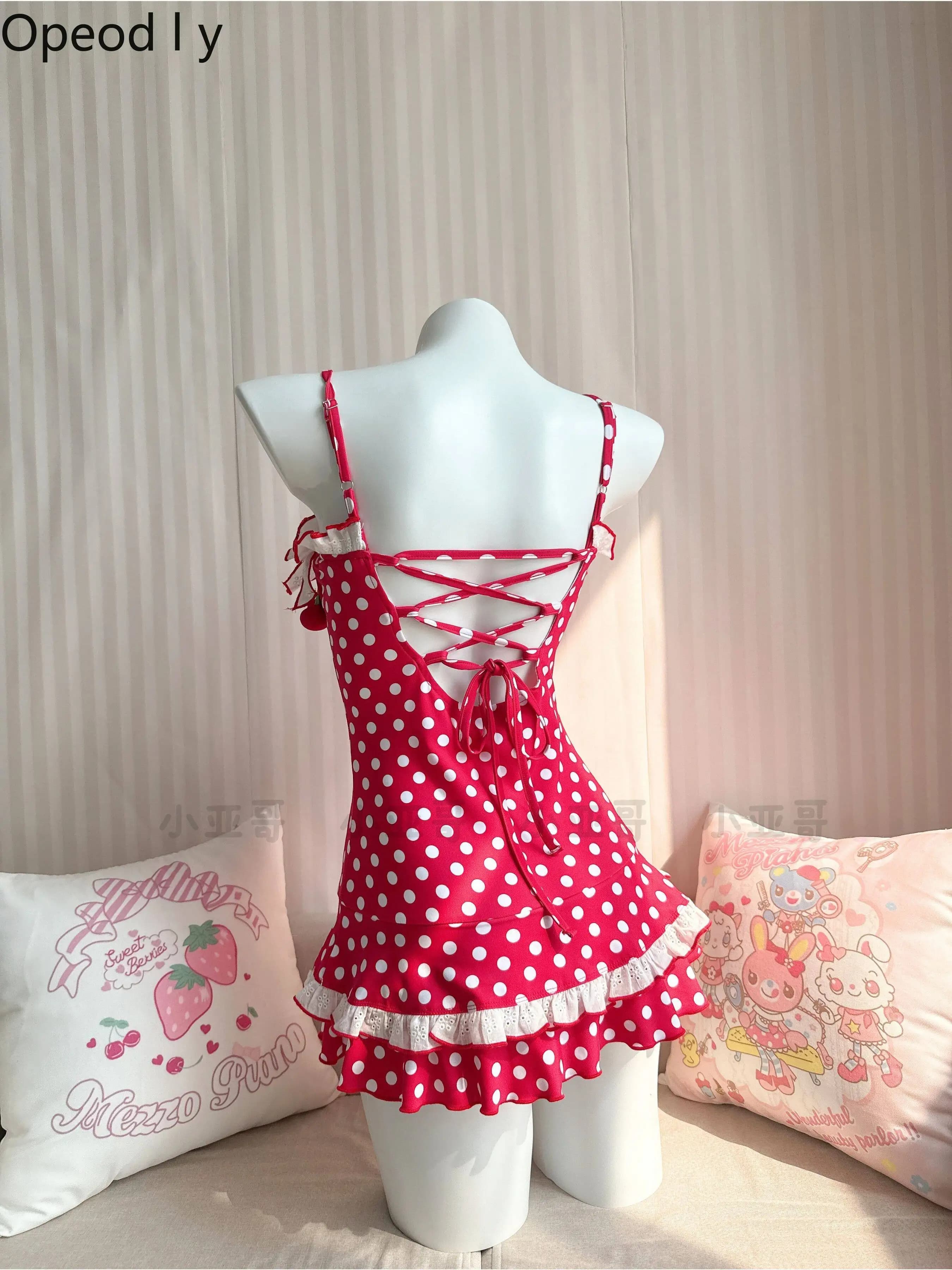 Sweet and Cute Girl Japanese Original Lolita One-piece Swimsuit Red Polka Dot Fashion Doll Slim Seaside Vacation Swimsuit