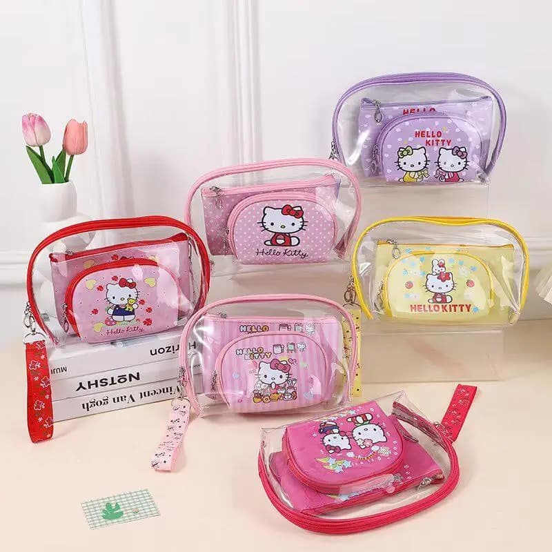 Kawaii 3-in-1 Makeup Bag Set Hello Kitty Waterproof Transparent Cosmetic Organizer Pouch with Wristband Anniversary gift