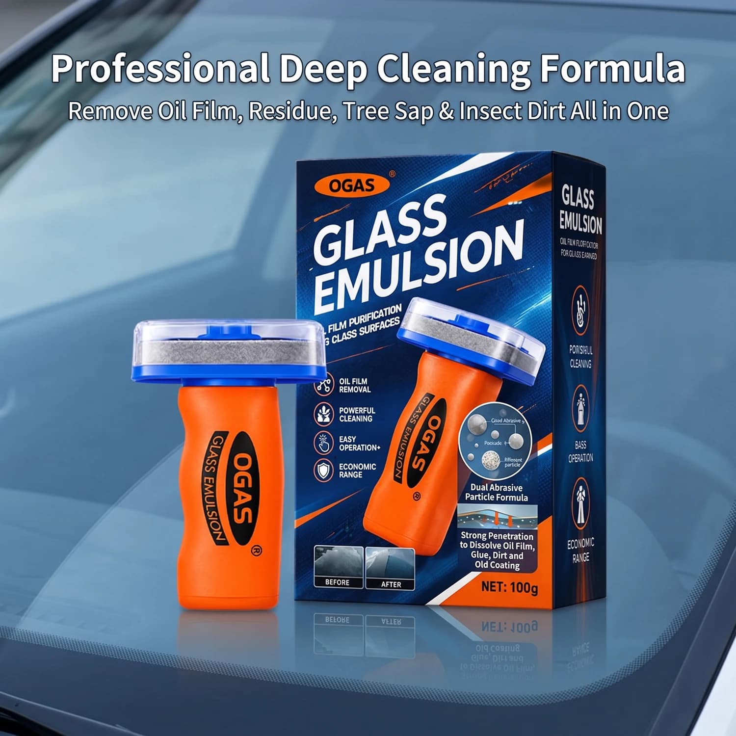 Double-use window cleaning brush for car home, for removal of tenacious oil film, high density soft bristles, without scratches, safe for windscreen