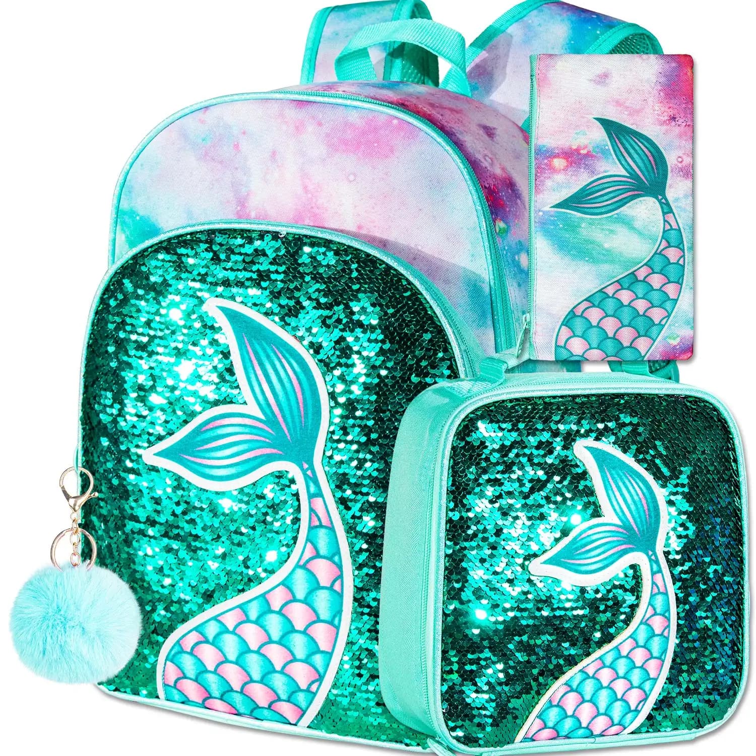 Set di 3 zaini per bambini con coda di sirena color verde acqua, borsa da scuola per ragazze con portapranzo e astuccio