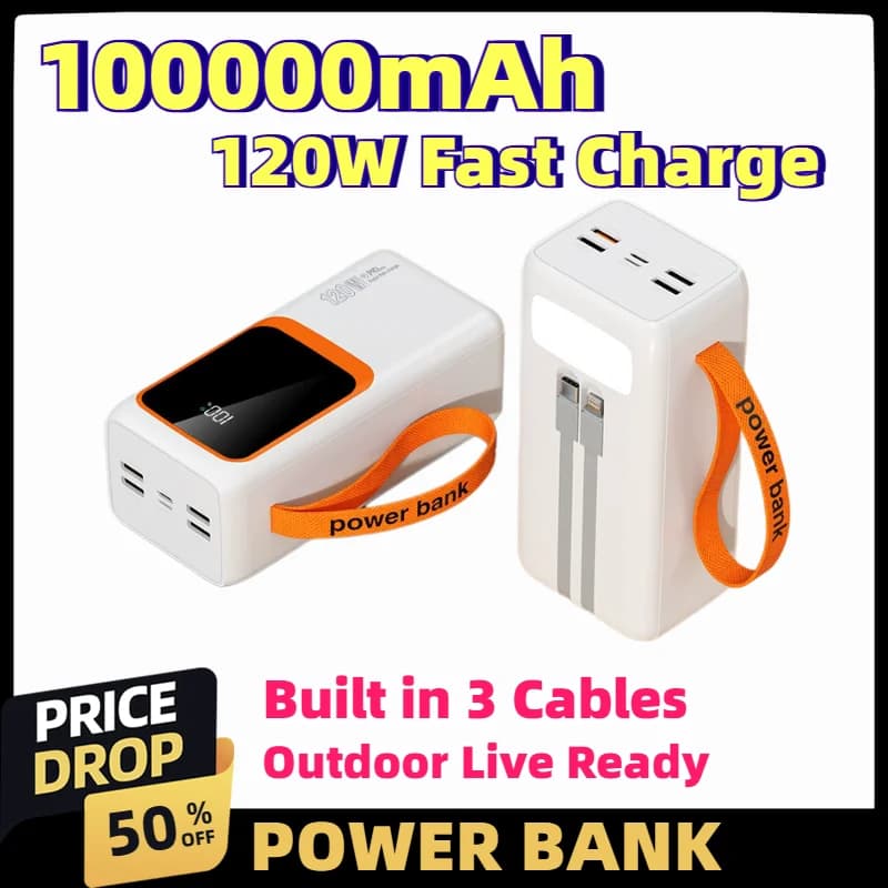 120W Fast Charging 100000mAh Power Bank with 3 Built in Cables High Capacity Portable Battery for Smartphones Outdoor Live
