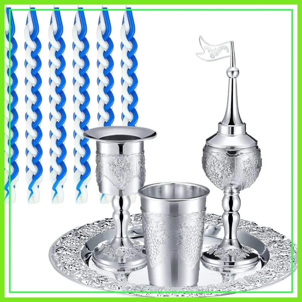 Set da 9 Pezzi per Shabbat Havdalah con Portacandele, Calice per Kiddush, Scatola per Spezie, Calice, Piatto in Argento e 5 Candele, Decorazione Ebraica