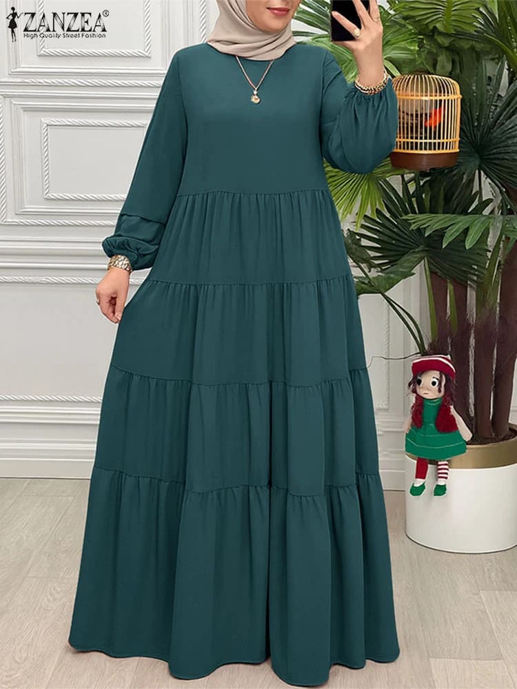 Moda Autunno Manica Lunga Abiti A Pieghe 2025 ZANZEA Musulmano Abaya Robe Femme Donna Maxi Abito Lungo IsIamic Abbigliamento Oversize