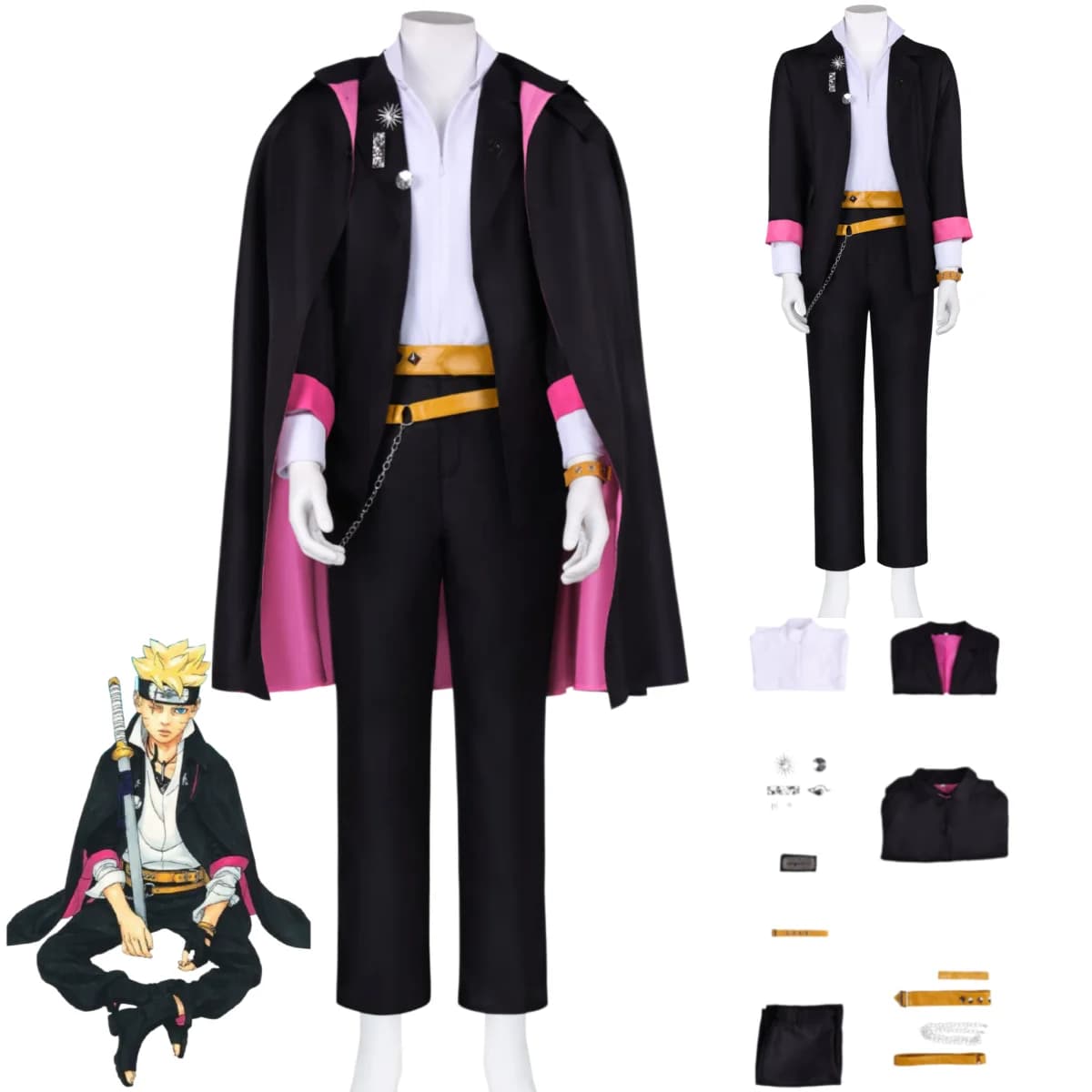 Costume Cosplay Anime Uzumaki Boruto, Mantello Nero, Uniforme, Accessori, Set Completo con Parrucca, per Adulti, Abito per Festa di Halloween