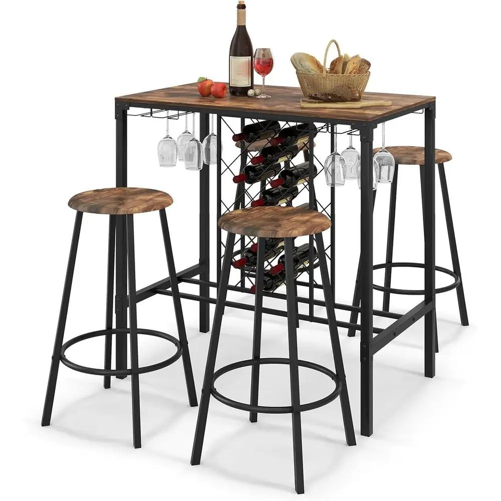 Set da Pranzo Rustico Marrone e Nero a 5 Pezzi con Portabottiglie e Portabicchieri per Cucina o Caffetteria